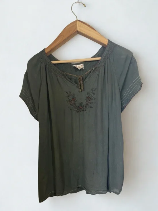 Soho Village Wear Vintage Embroidered Boho Peasant Blouse Forest Green Size S - Picture 1 of 11